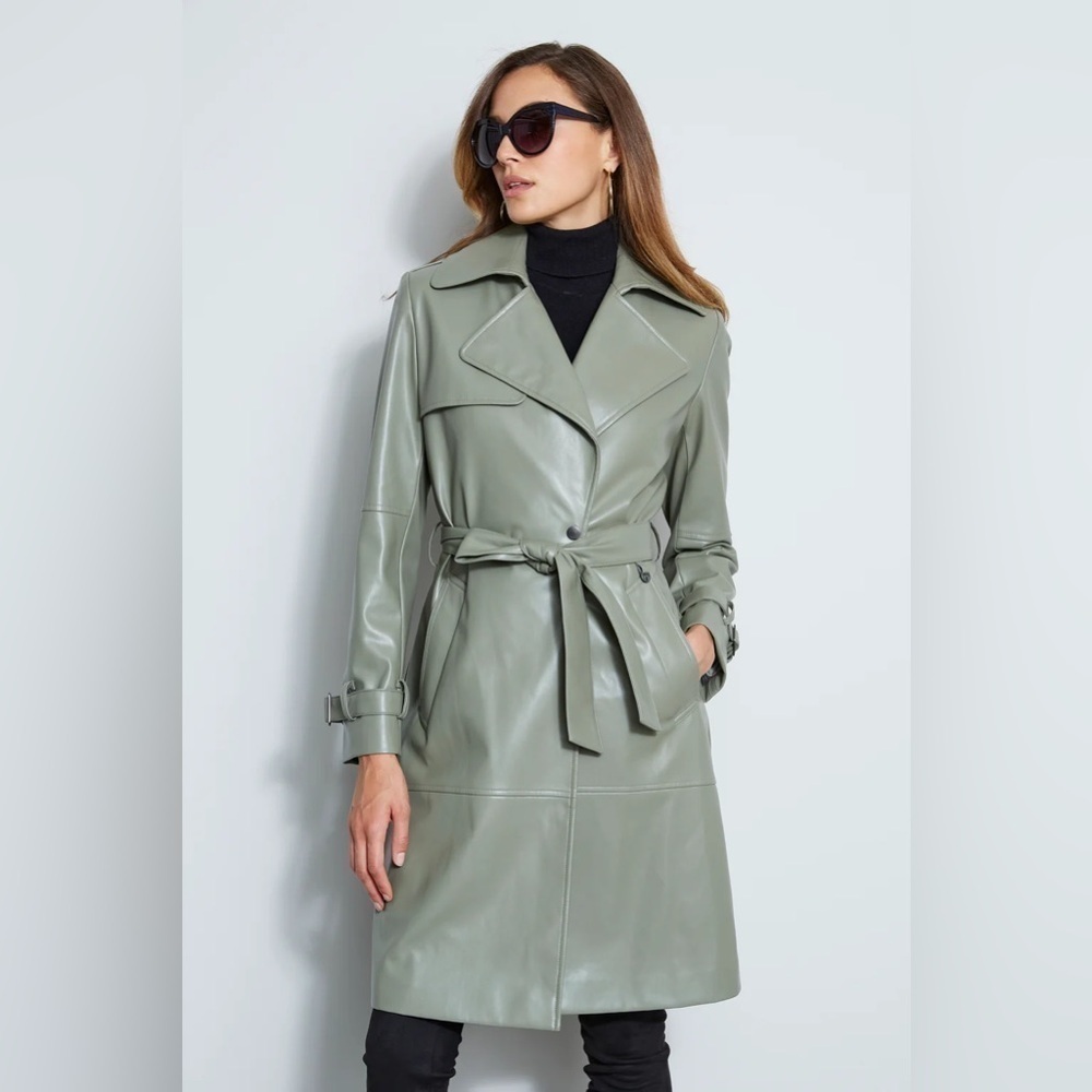 Elie Tahari Sage Green Vegan Leather Belted Trench Coat Large - Picture 2 of 10